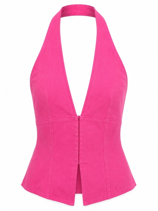 None Tops - PINK DEEP V HALTER NECK TOP WITH FRONT CLOSURE